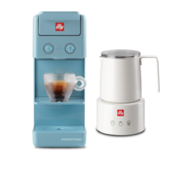 Y3.3 iperEspresso Coffee Machine (Light Blue) + illy Electric Induction Milk Frother (White)